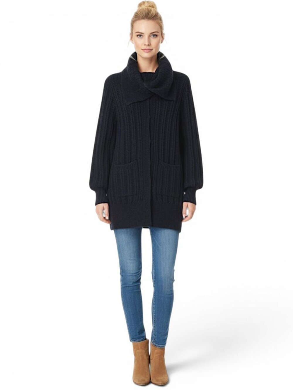 Piazza Sempione Navy Blue Cardigan Long Chunky Wool Mohair Cashmere Knit Size 42